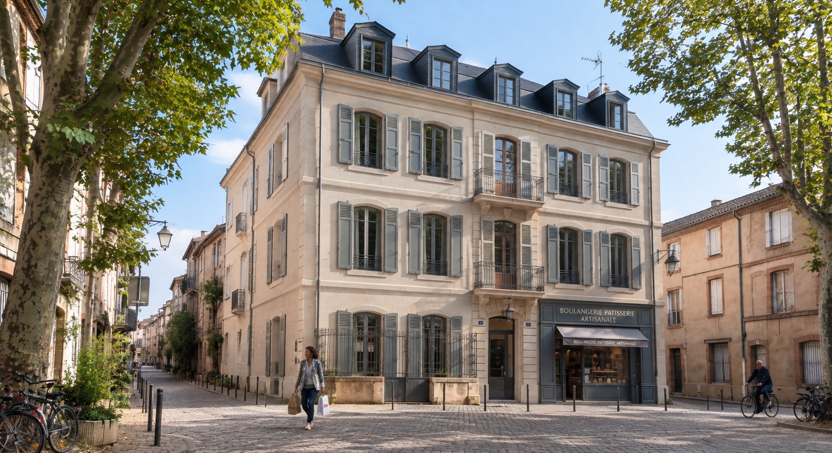 Immeuble de ville aux volets gris, avec un commerce en rez-de-chaussée